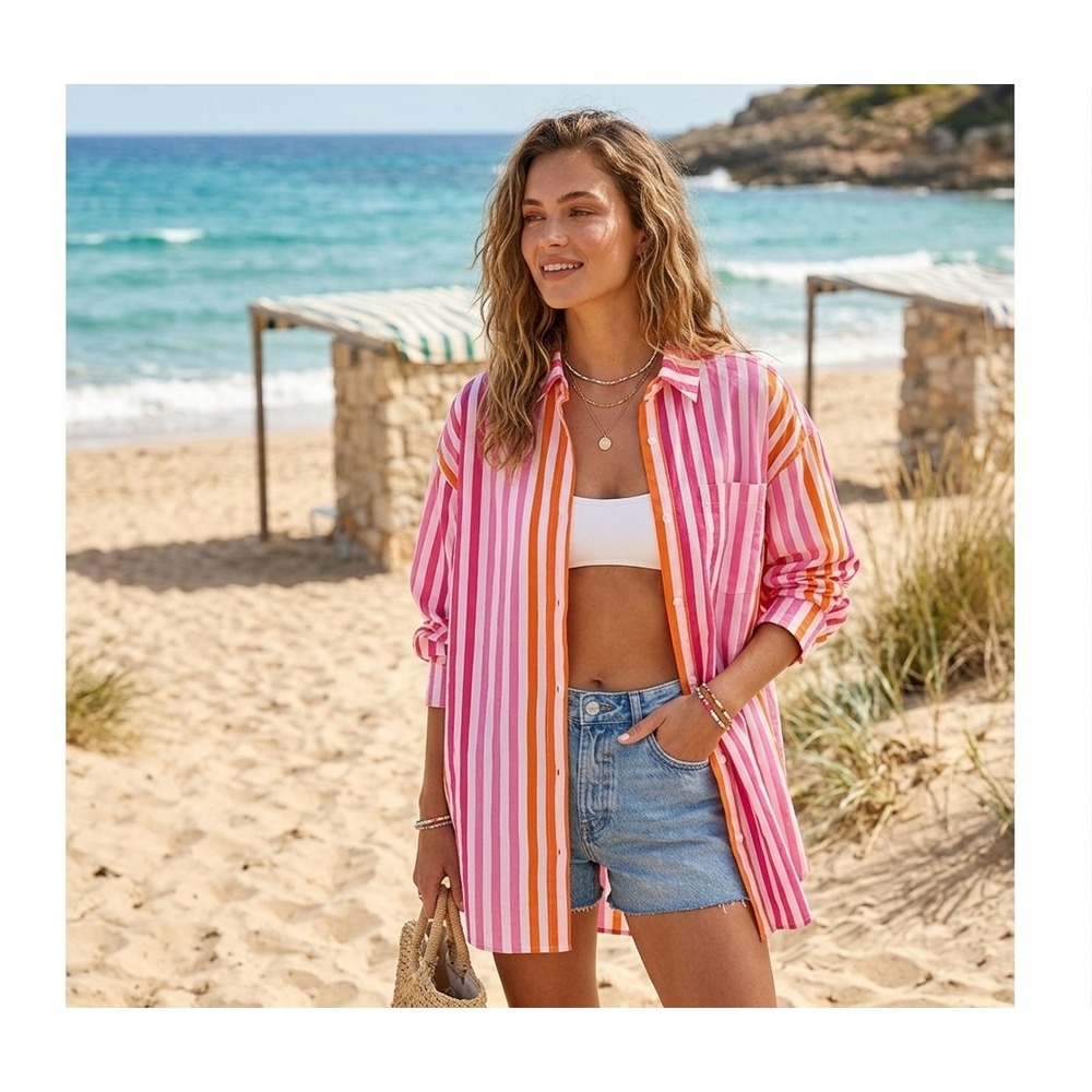 Beachโ Riot Shirt Womens Large Pink Orange Striped Cotton Oversized Button Down